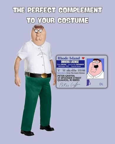 Peter Griffin Driver License ID/Funny Plastic License/Family Guy Fans Complement for Costumes/Double Sided | Collectible Trading Card Driver’s License | Novelty Gift for Holidays in Saudi Arabia