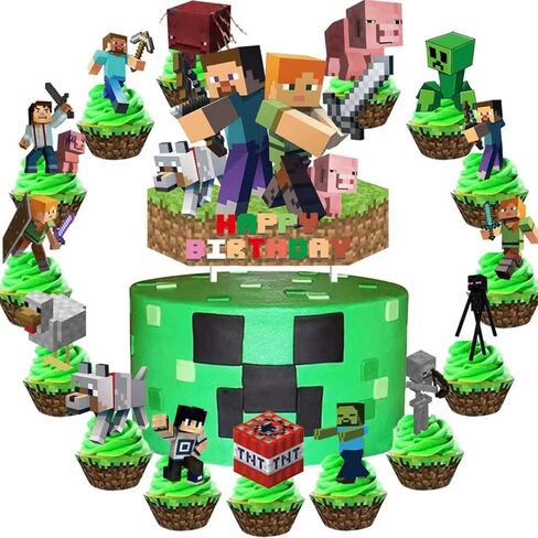 31Pcs For Pixel Cake Decorations with 30pcs Cupcake Toppers, 1pcs Happy Birthday Cake Topper, Cartoon Themed Party Supplies, Perfect for Birthday Party Decorations in Saudi Arabia