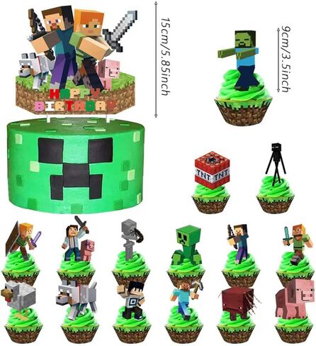 31Pcs For Pixel Cake Decorations with 30pcs Cupcake Toppers, 1pcs Happy Birthday Cake Topper, Cartoon Themed Party Supplies, Perfect for Birthday Party Decorations in Saudi Arabia