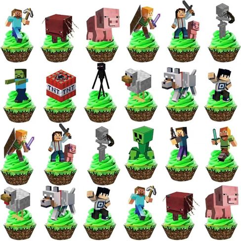 31Pcs For Pixel Cake Decorations with 30pcs Cupcake Toppers, 1pcs Happy Birthday Cake Topper, Cartoon Themed Party Supplies, Perfect for Birthday Party Decorations in Saudi Arabia