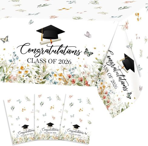 Avezano 3 pcs Wildflower Graduation Tablecloths 108x54 inch Congratulations Class of 2026 Graduation Tablecovers Disposable Wildflower Theme Grad Table Cover Rectangular in Kuwait