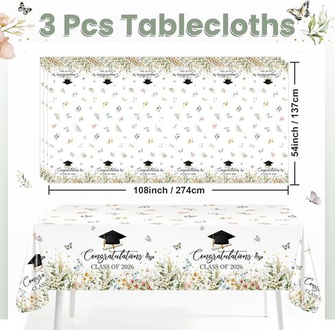 Avezano 3 pcs Wildflower Graduation Tablecloths 108x54 inch Congratulations Class of 2026 Graduation Tablecovers Disposable Wildflower Theme Grad Table Cover Rectangular in Kuwait