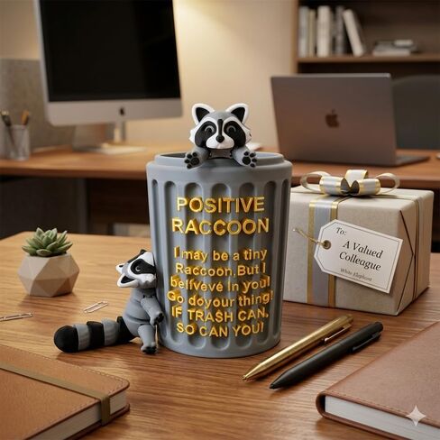 Positive Raccoon Desk Decor& Pen Holder with 2 Cute Raccoons–If Trash Can So Can You 3D Printed Tras h Can–Funny Office Desk Accessories, Dumpster Fire Gifts for Coworker Boss Teacher, White Elephant in Saudi Arabia
