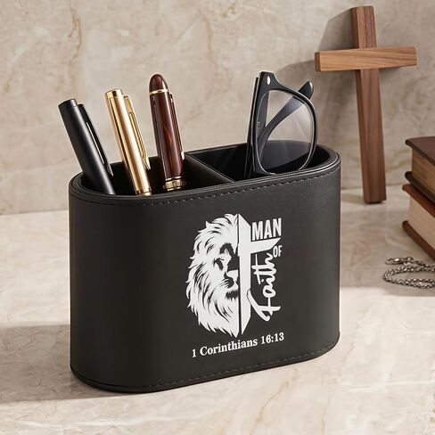 Dunzoom Gift for Father's Day Christian PU Leather Pen Holder for Desk, Bible Verse Pencil Cup Organizer, Religious Gift for Men, Pastor, Dad, Office Decor(Man of Faith) in Kuwait