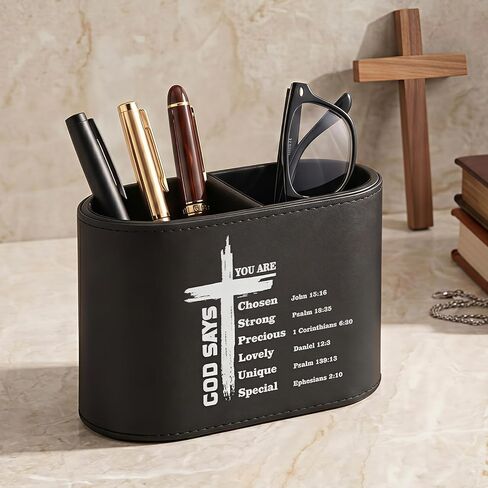 Dunzoom Gift for Father's Day Christian PU Leather Pen Holder for Desk, Bible Verse Pencil Cup Organizer, Religious Gift for Men, Pastor, Dad, Office Decor(Man of Faith) in Kuwait