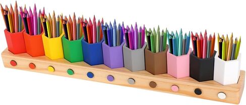 Wooden Multi-Colored Pencil Holder, Movable Montessori Crayon Organizer Pen Holder Pencil Cups Desk Storage Organizer for Kids Classroom Office Home Desk School Supply in Saudi Arabia