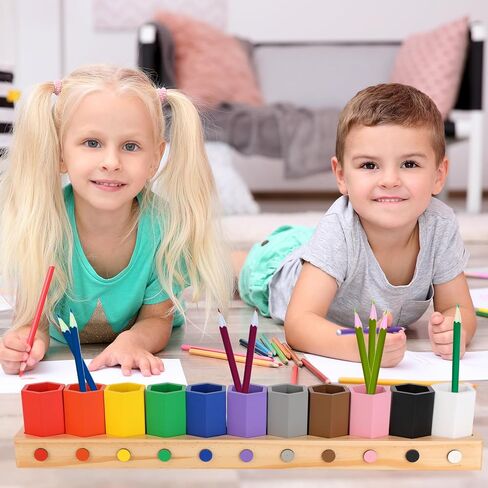 Wooden Multi-Colored Pencil Holder, Movable Montessori Crayon Organizer Pen Holder Pencil Cups Desk Storage Organizer for Kids Classroom Office Home Desk School Supply in Saudi Arabia