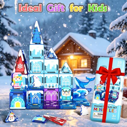 33PCS Mini Magnetic Tiles - Arctic Animals Theme Toddler Travel Essentials Set with Case, Magnetic Building Blocks Kids Games Montessori Preschool Sensory Toys for 3+ Year Old Boys Girls Gifts in Saudi Arabia