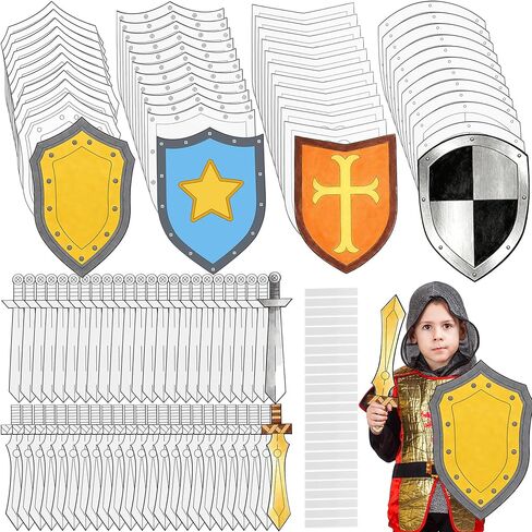 Faytark 48 Set DIY Paper Shields Bulk Including Stiff Paper Shield Swords for Painting Knight Party Decoration Crafts Castle Activities Family Classroom Games (Color Set 2) in Saudi Arabia