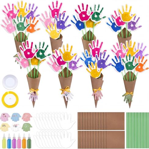 Colarr 24 Set Mother's Day Handprint Craft Kit DIY Handprints Flower Bouquet Make Your Own Floral Paper Craft for Mom Grandma Gift School Classroom Activities Activity Supplies in Kuwait