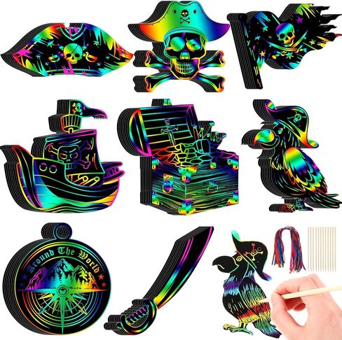 Motipuns 80 Pcs Pirate Scratch Cards for Adult Rainbow Treasure Compass DIY Ornament Crafts Pirate Party Favor for Men Gifts Birthday Decorations in Kuwait