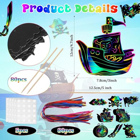 Motipuns 80 Pcs Pirate Scratch Cards for Adult Rainbow Treasure Compass DIY Ornament Crafts Pirate Party Favor for Men Gifts Birthday Decorations in Kuwait
