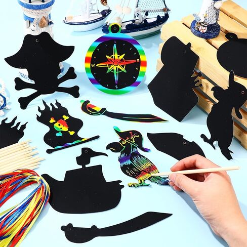 Motipuns 80 Pcs Pirate Scratch Cards for Adult Rainbow Treasure Compass DIY Ornament Crafts Pirate Party Favor for Men Gifts Birthday Decorations in Kuwait