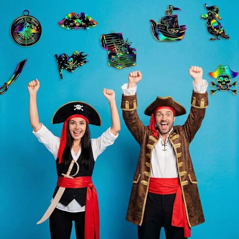 Motipuns 80 Pcs Pirate Scratch Cards for Adult Rainbow Treasure Compass DIY Ornament Crafts Pirate Party Favor for Men Gifts Birthday Decorations in Kuwait
