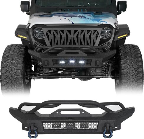 Hooke Road JL Stubby Front Bumper for 2018-2026 Jeep Wrangler JL & Gladiator JT, Steel Bumper with Winch Plate, Bull Bar, LED Lights and D-rings in Kuwait