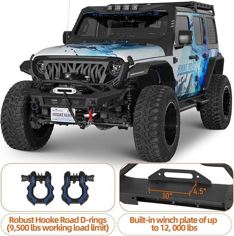 Hooke Road JL Stubby Front Bumper for 2018-2026 Jeep Wrangler JL & Gladiator JT, Steel Bumper with Winch Plate, Bull Bar, LED Lights and D-rings in Kuwait