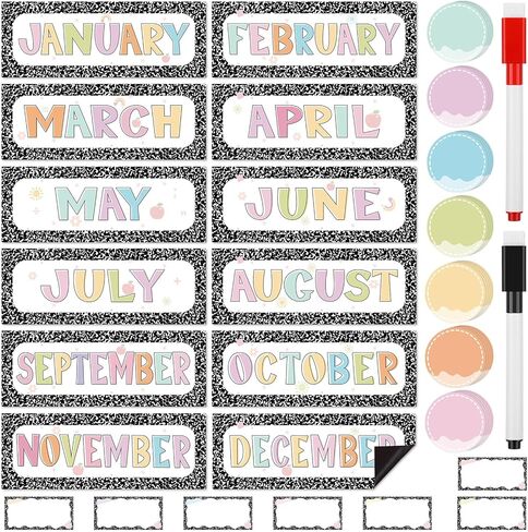 Geyee 52 Pcs Magnetic Holiday Monthly Headliners Include 12 Months of The Year Headers Seasonal Bulletin Board Border 31 Writable Round Confetti Accents 7 Rectangle Label(Boho) in Saudi Arabia