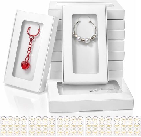 HANLANXUE 100 Pack Mini Jewelry Packaging Boxes with Clear Windows, 5.4"x3.4"x0.7" Paper Necklace Gift Box with Sticker Small Gift Boxes Bulk for Displaying Necklaces Rings Bracelets Earrings (White) in Saudi Arabia