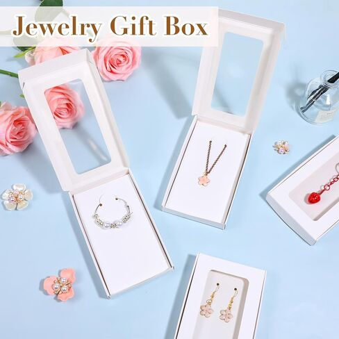 HANLANXUE 100 Pack Mini Jewelry Packaging Boxes with Clear Windows, 5.4"x3.4"x0.7" Paper Necklace Gift Box with Sticker Small Gift Boxes Bulk for Displaying Necklaces Rings Bracelets Earrings (White) in Saudi Arabia