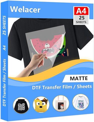 Welacer DTF Transfer Film Paper - A4(8.4" x 11.7") 25 Sheets Matte Double-Side Clear Pretreat Sheets, PET Heat Transfer Paper for Epson Inkjet Printer Direct Print on T shirts Textile in Saudi Arabia