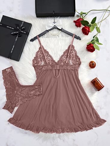 Women's Lingerie Open Front V Neck Lace Babydoll Dress Halter Chemise Sleepwear Mesh Nightgown with Thong 2 Piece in Saudi Arabia