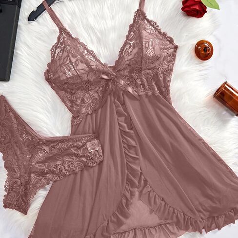 Women's Lingerie Open Front V Neck Lace Babydoll Dress Halter Chemise Sleepwear Mesh Nightgown with Thong 2 Piece in Saudi Arabia