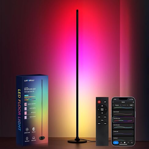 مصباح أرضي LED من Lanmonlily، مصباح زاوية متوافق مع Alexa، مصباح أرضي ذكي حديث مع مزامنة الموسيقى 16 مليون لون و68+ مشهد RGBICW مصباح أرضي لغرفة النوم وغرفة المعيشة وغرف الألعاب in Kuwait