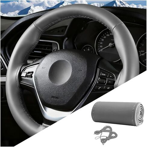 Car Steering Wheel Cover, 15" Genuine Leather Hand Stitch on Anti-Slip Steering Wheel Wrap Guard with Needle Thread, Auto Interior DIY Sewing Protector Accessories, Universal Fit (Black) in Saudi Arabia