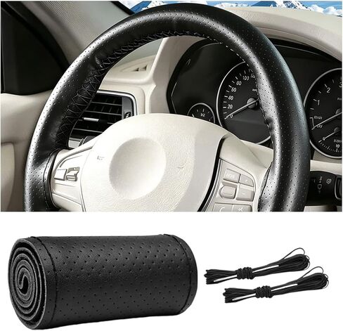 Car Steering Wheel Cover, 15" Genuine Leather Hand Stitch on Anti-Slip Steering Wheel Wrap Guard with Needle Thread, Auto Interior DIY Sewing Protector Accessories, Universal Fit (Black) in Kuwait