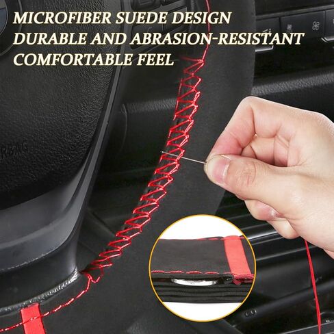Car Steering Wheel Cover, 15" Genuine Leather Hand Stitch on Anti-Slip Steering Wheel Wrap Guard with Needle Thread, Auto Interior DIY Sewing Protector Accessories, Universal Fit (Black) in Kuwait
