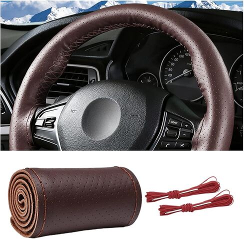 Car Steering Wheel Cover, 15" Genuine Leather Hand Stitch on Anti-Slip Steering Wheel Wrap Guard with Needle Thread, Auto Interior DIY Sewing Protector Accessories, Universal Fit (Black) in Kuwait
