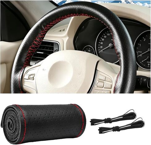 Car Steering Wheel Cover, 15" Genuine Leather Hand Stitch on Anti-Slip Steering Wheel Wrap Guard with Needle Thread, Auto Interior DIY Sewing Protector Accessories, Universal Fit (Black) in Kuwait