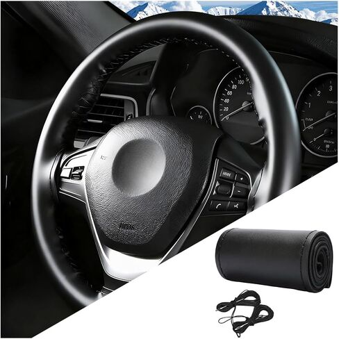 Car Steering Wheel Cover, 15" Genuine Leather Hand Stitch on Anti-Slip Steering Wheel Wrap Guard with Needle Thread, Auto Interior DIY Sewing Protector Accessories, Universal Fit (Black) in Kuwait