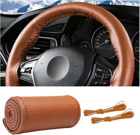 Car Steering Wheel Cover, 15" Genuine Leather Hand Stitch on Anti-Slip Steering Wheel Wrap Guard with Needle Thread, Auto Interior DIY Sewing Protector Accessories, Universal Fit (Black) in Kuwait