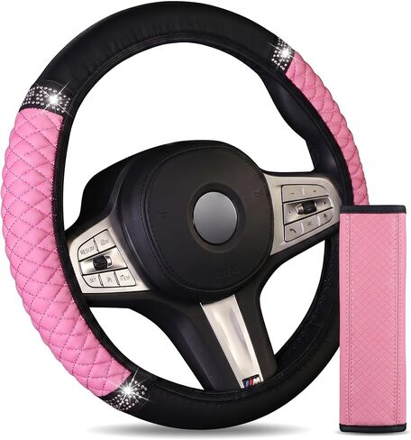 Glitter Diamond Steering Wheel Cover for Women, Bling Car Steering Wheel Cover with Anti-Slip Lining, Universal 14.5-15 inch Car Accessory (Pink) in Saudi Arabia