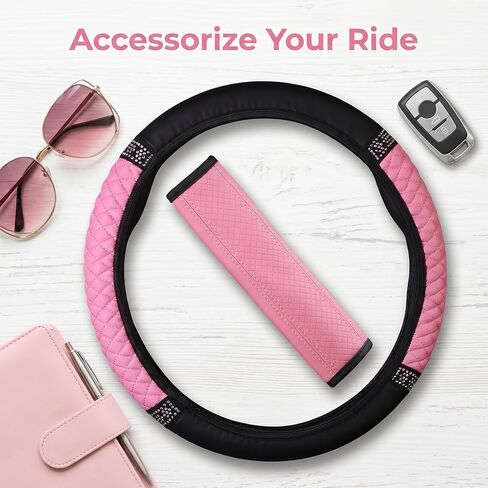 Glitter Diamond Steering Wheel Cover for Women, Bling Car Steering Wheel Cover with Anti-Slip Lining, Universal 14.5-15 inch Car Accessory (Pink) in Saudi Arabia