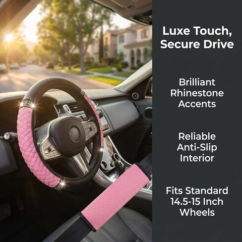 Glitter Diamond Steering Wheel Cover for Women, Bling Car Steering Wheel Cover with Anti-Slip Lining, Universal 14.5-15 inch Car Accessory (Pink) in Saudi Arabia