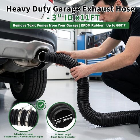 3" ID x 11' Car Exhaust Pipe Vent Hose for Garage Heavy-Duty Spliceable Exhaust Tailpipe Hose Kit 600°F Heat Resistan Flexible EPDM Rubber Pipe with Adjustable Two Hose Clamps for Auto Shop in Saudi Arabia