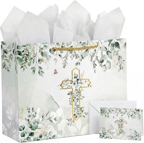 GFInYHM Baptism Gift Bag with Card and Tissue Paper, 13" Gold Foil Cross Eucalyptus Leaves Religious Gift Bags Set for First Communion, Christening, Baby Shower, Wedding, Easter, Confirmation in Saudi Arabia