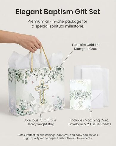 GFInYHM Baptism Gift Bag with Card and Tissue Paper, 13" Gold Foil Cross Eucalyptus Leaves Religious Gift Bags Set for First Communion, Christening, Baby Shower, Wedding, Easter, Confirmation in Saudi Arabia