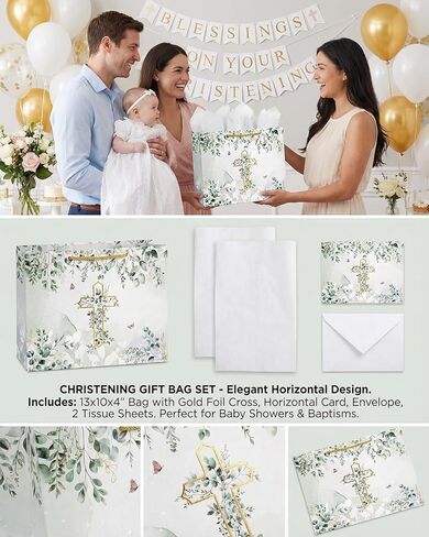 GFInYHM Baptism Gift Bag with Card and Tissue Paper, 13" Gold Foil Cross Eucalyptus Leaves Religious Gift Bags Set for First Communion, Christening, Baby Shower, Wedding, Easter, Confirmation in Saudi Arabia
