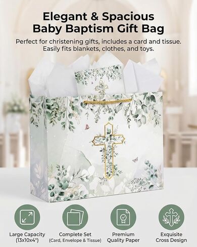 GFInYHM Baptism Gift Bag with Card and Tissue Paper, 13" Gold Foil Cross Eucalyptus Leaves Religious Gift Bags Set for First Communion, Christening, Baby Shower, Wedding, Easter, Confirmation in Saudi Arabia