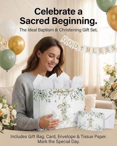 GFInYHM Baptism Gift Bag with Card and Tissue Paper, 13" Gold Foil Cross Eucalyptus Leaves Religious Gift Bags Set for First Communion, Christening, Baby Shower, Wedding, Easter, Confirmation in Saudi Arabia