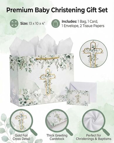 GFInYHM Baptism Gift Bag with Card and Tissue Paper, 13" Gold Foil Cross Eucalyptus Leaves Religious Gift Bags Set for First Communion, Christening, Baby Shower, Wedding, Easter, Confirmation in Saudi Arabia