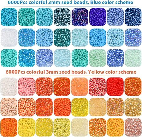 3mm Glass Seed Beads for Jewelry Making 8/0 Small Glass Beads Kit Blue &Yellow Collections for Bracelets, Earrings, Necklaces, DIY Crafts & Decorative 48 Vibrant Colors, 12000pcs/2 Boxes in Saudi Arabia