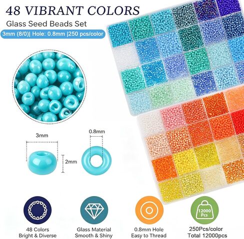 3mm Glass Seed Beads for Jewelry Making 8/0 Small Glass Beads Kit Blue &Yellow Collections for Bracelets, Earrings, Necklaces, DIY Crafts & Decorative 48 Vibrant Colors, 12000pcs/2 Boxes in Saudi Arabia