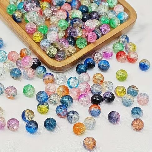 100Pcs 8mm Cracked Round Glass Explosion Beads - Northern Lights Blue Aurora Borealis Multicolor Iridescent Beads for DIY Jewelry Making, Bracelets Necklaces Earrings Handmade Craft Supplies in Kuwait