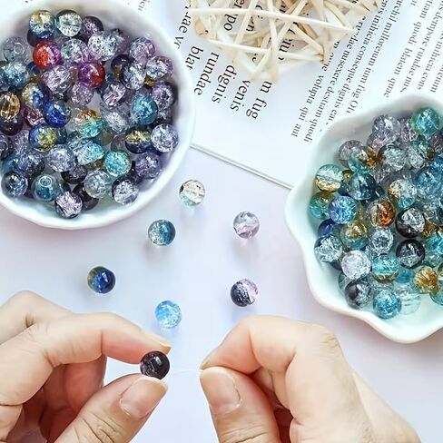 100Pcs 8mm Cracked Round Glass Explosion Beads - Northern Lights Blue Aurora Borealis Multicolor Iridescent Beads for DIY Jewelry Making, Bracelets Necklaces Earrings Handmade Craft Supplies in Kuwait