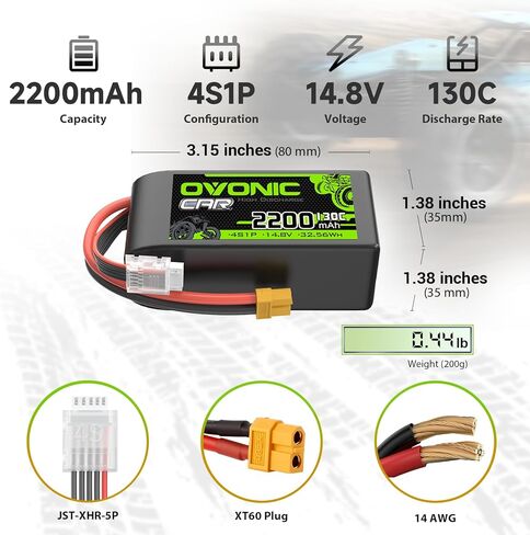 OVONIC 4S LiPo Battery 2200mAh 14.8V 130C Short RC Battery with XT60 Connector in Kuwait
