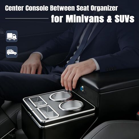 Vehicle Center Console Organizer - Floor-Mounted Lockable Storage with Dual Cup Holders, Fits Minivans, SUVs & Van Middle Seats 10.24 inch Wide in Saudi Arabia